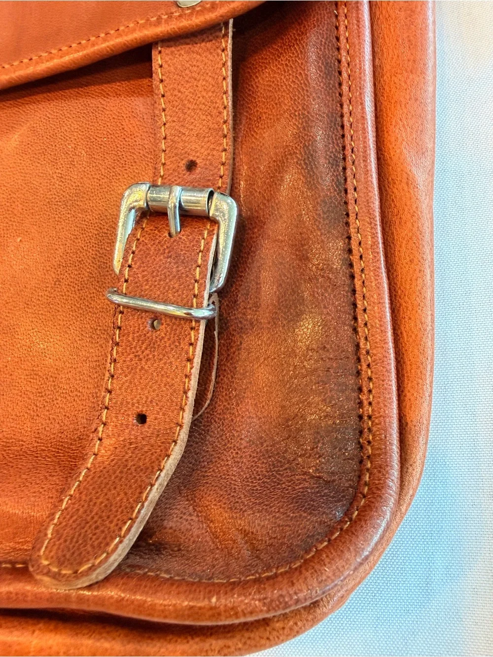 Vintage Brown Genuine Leather Messenger Long Satchel Bag with Front Buckles